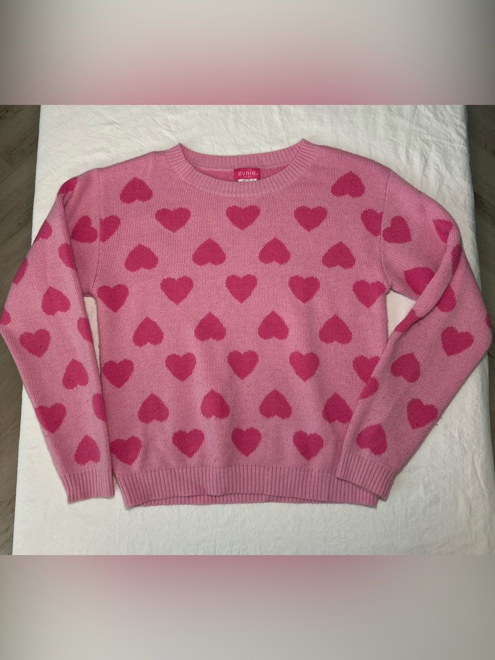 Zunie Girl Pink Heart Print Knit Sweater Kids Large 10/12 Valentine's Day